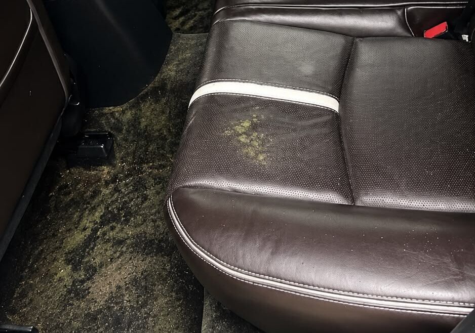 Rear passenger carpet covered in mould before professional mould removal from car interior.
